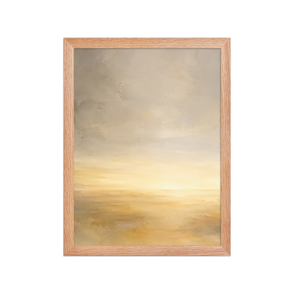 Framed sunrise poster featuring a glowing ocean horizon with soft watercolor textures in warm gold, ivory, and neutral tones.