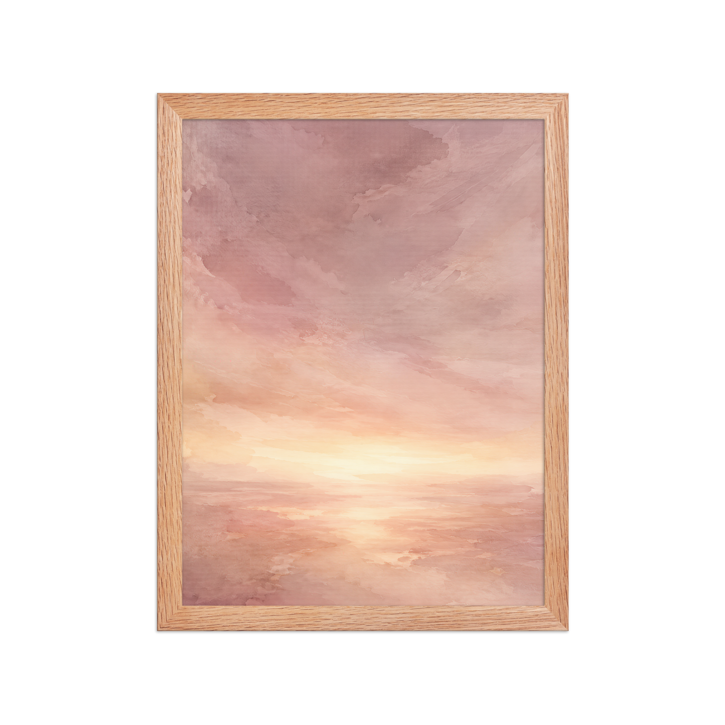 Framed sunrise poster with a glowing blush ocean horizon and soft watercolor textures in pink, peach, and warm neutral tones.