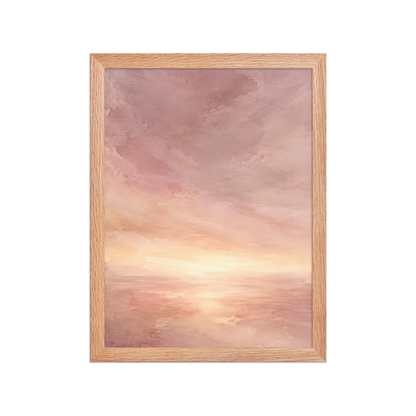 Framed sunrise poster with a glowing blush ocean horizon and soft watercolor textures in pink, peach, and warm neutral tones.