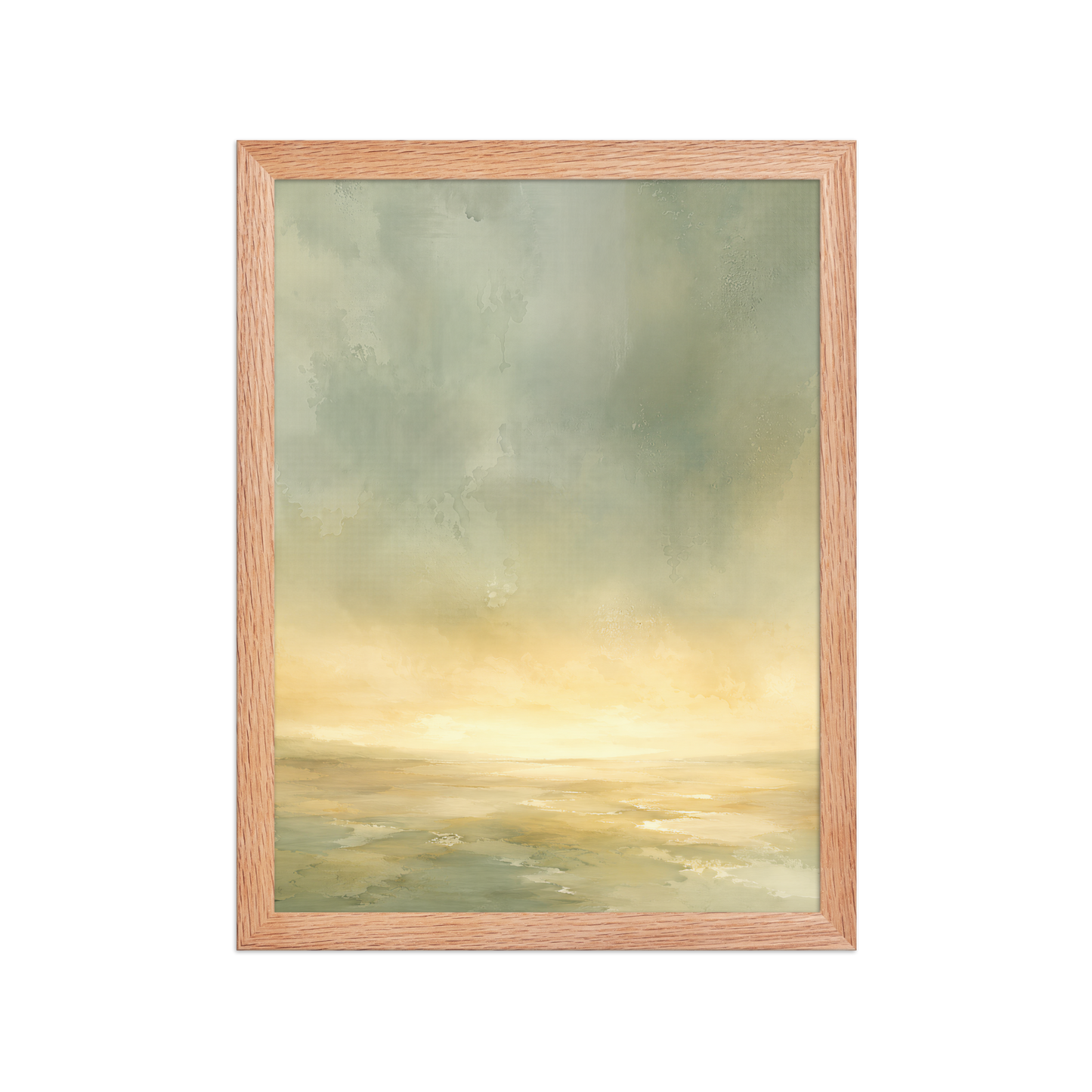 Framed sunrise poster featuring a glowing ocean horizon with soft sage green, warm gold, and watercolor textures.