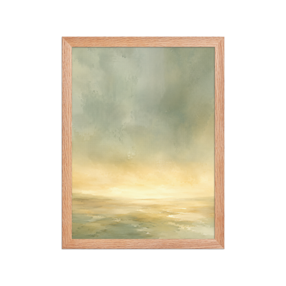 Framed sunrise poster featuring a glowing ocean horizon with soft sage green, warm gold, and watercolor textures.