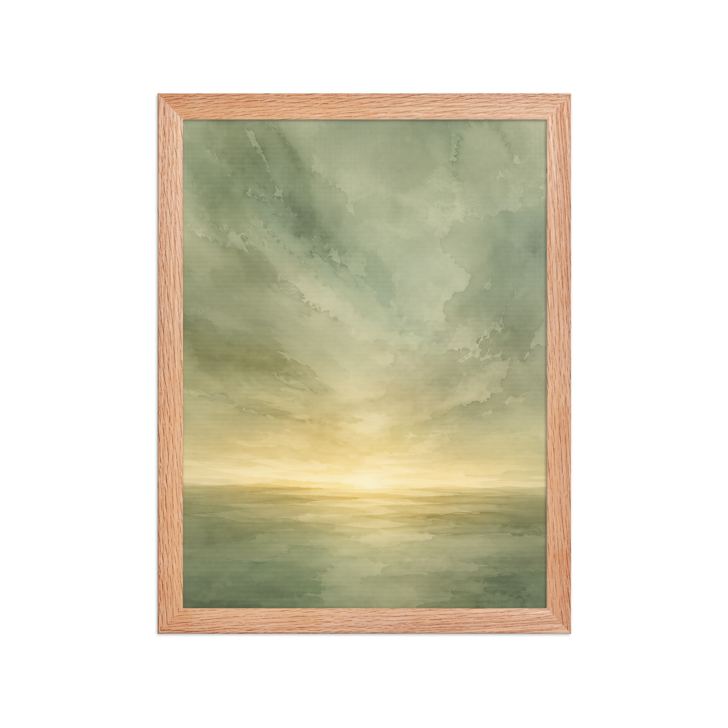 Framed sunrise poster featuring a glowing ocean horizon with soft sage green watercolor textures and warm golden light.