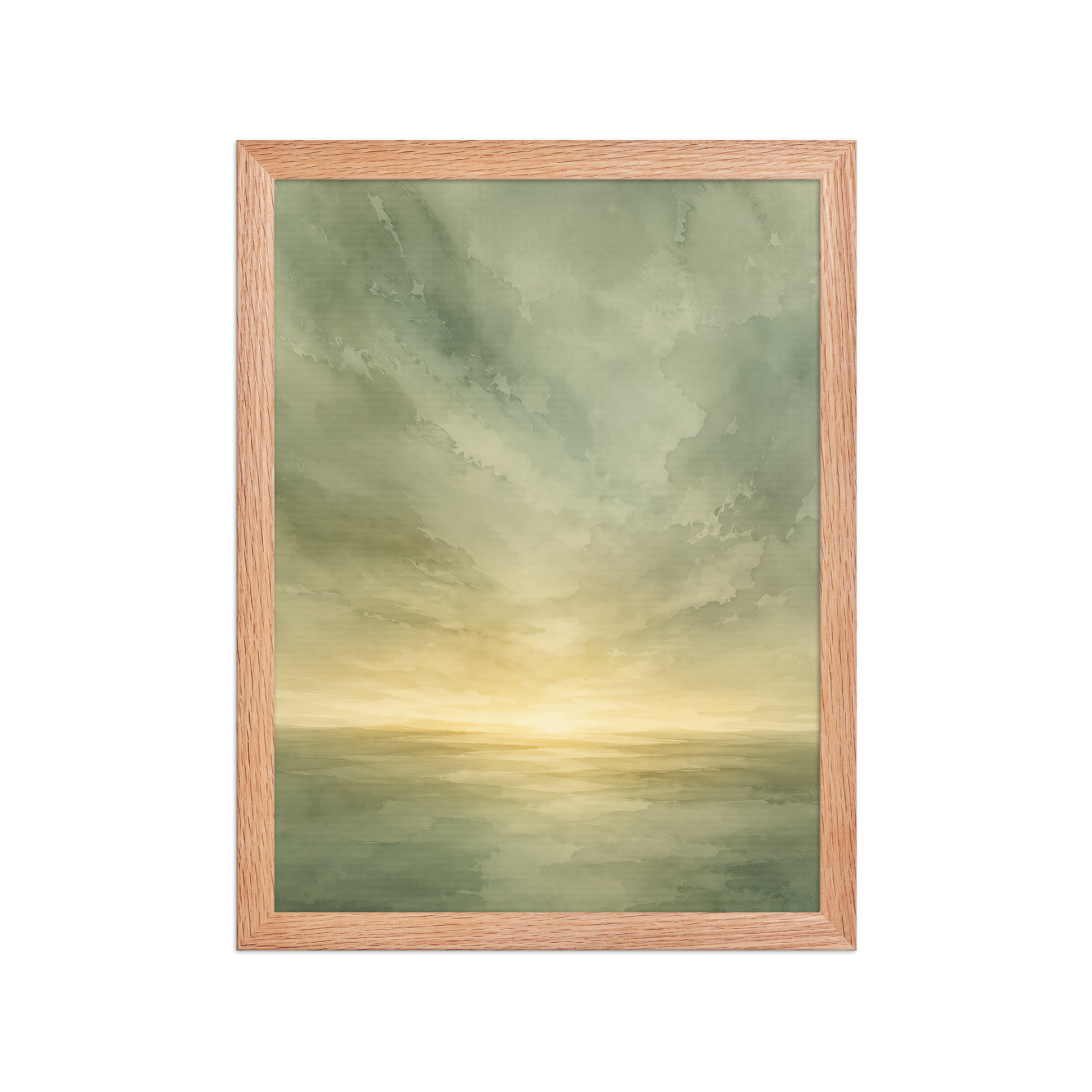 Framed sunrise poster featuring a glowing ocean horizon with soft sage green watercolor textures and warm golden light.