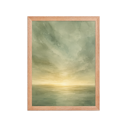 Framed sunrise poster featuring a glowing ocean horizon with soft sage green watercolor textures and warm golden light.