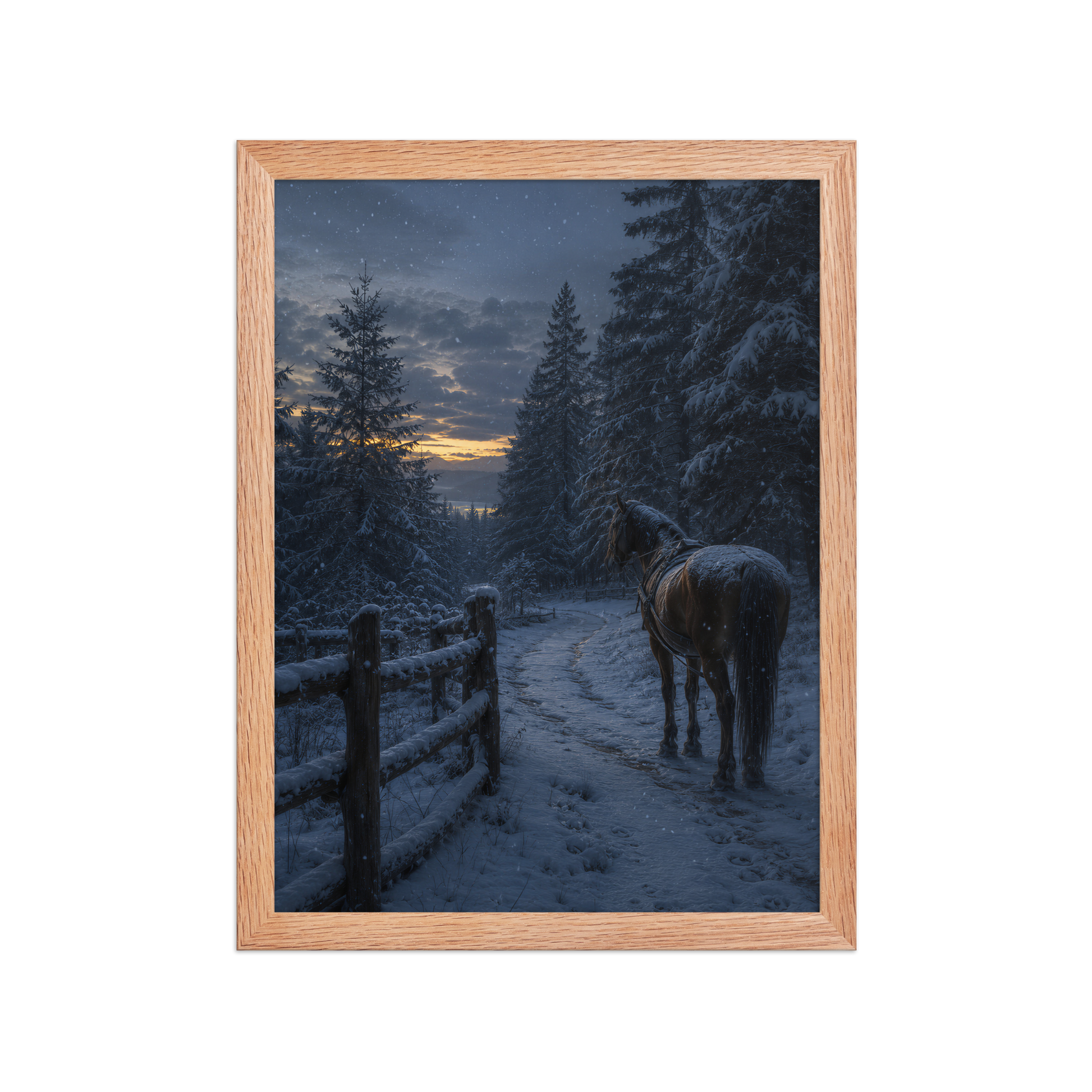 Framed winter forest poster featuring a lone horse on a snowy woodland path at twilight, inspired by Robert Frost's Miles to go, original Visual Poetry artwork.