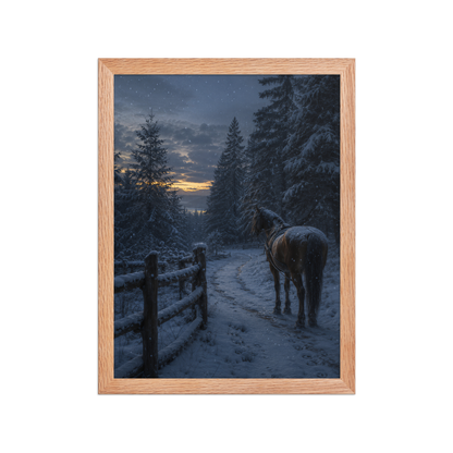 Framed winter forest poster featuring a lone horse on a snowy woodland path at twilight, inspired by Robert Frost's Miles to go, original Visual Poetry artwork.