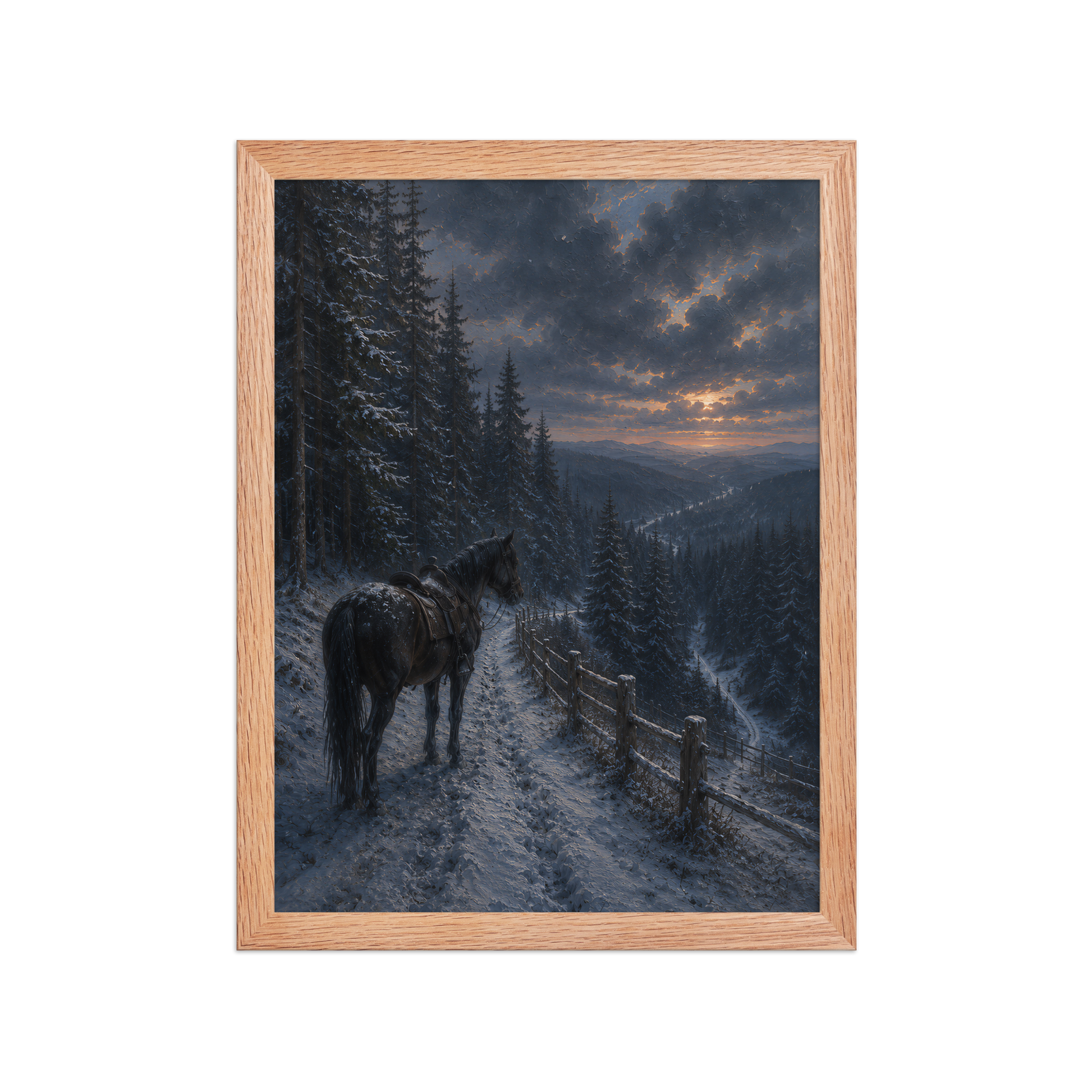 Framed mountain trail poster featuring a lone horse overlooking a snowy valley at winter sunset, inspired by Robert Frost's The Road Not Taken, original Visual Poetry artwork.