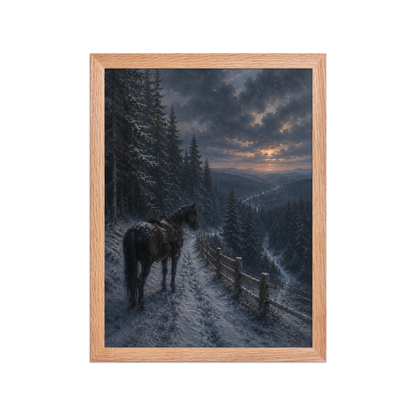 Framed mountain trail poster featuring a lone horse overlooking a snowy valley at winter sunset, inspired by Robert Frost's The Road Not Taken, original Visual Poetry artwork.