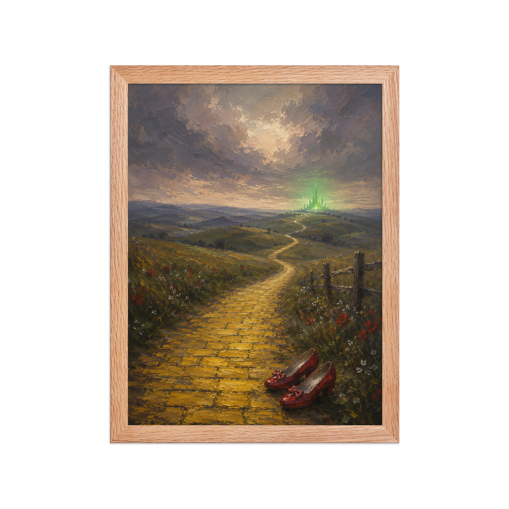 Framed Yellow Brick Road poster featuring ruby slippers beside a winding golden path leading toward a distant emerald city, inspired by There's No Place Like Home, original Visual Poetry artwork.