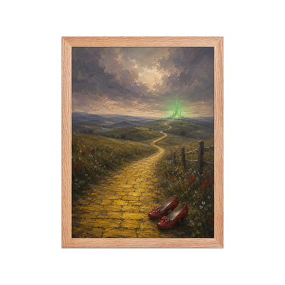 Framed Yellow Brick Road poster featuring ruby slippers beside a winding golden path leading toward a distant emerald city, inspired by There's No Place Like Home, original Visual Poetry artwork.