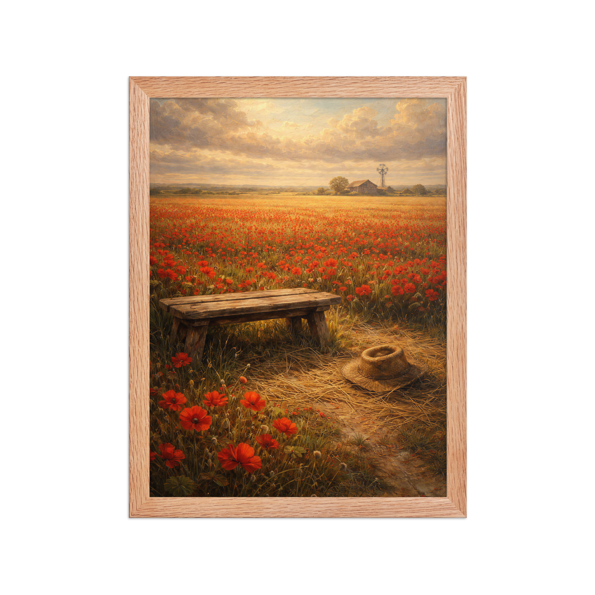 Framed Poppy Field poster featuring a rustic bench, straw hat, and a vast field of red poppies beneath a glowing countryside sky, inspired by The Deadly Poppy Field, original Visual Poetry artwork.