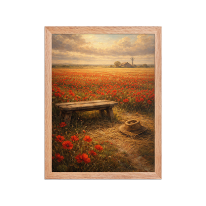 Framed Poppy Field poster featuring a rustic bench, straw hat, and a vast field of red poppies beneath a glowing countryside sky, inspired by The Deadly Poppy Field, original Visual Poetry artwork.