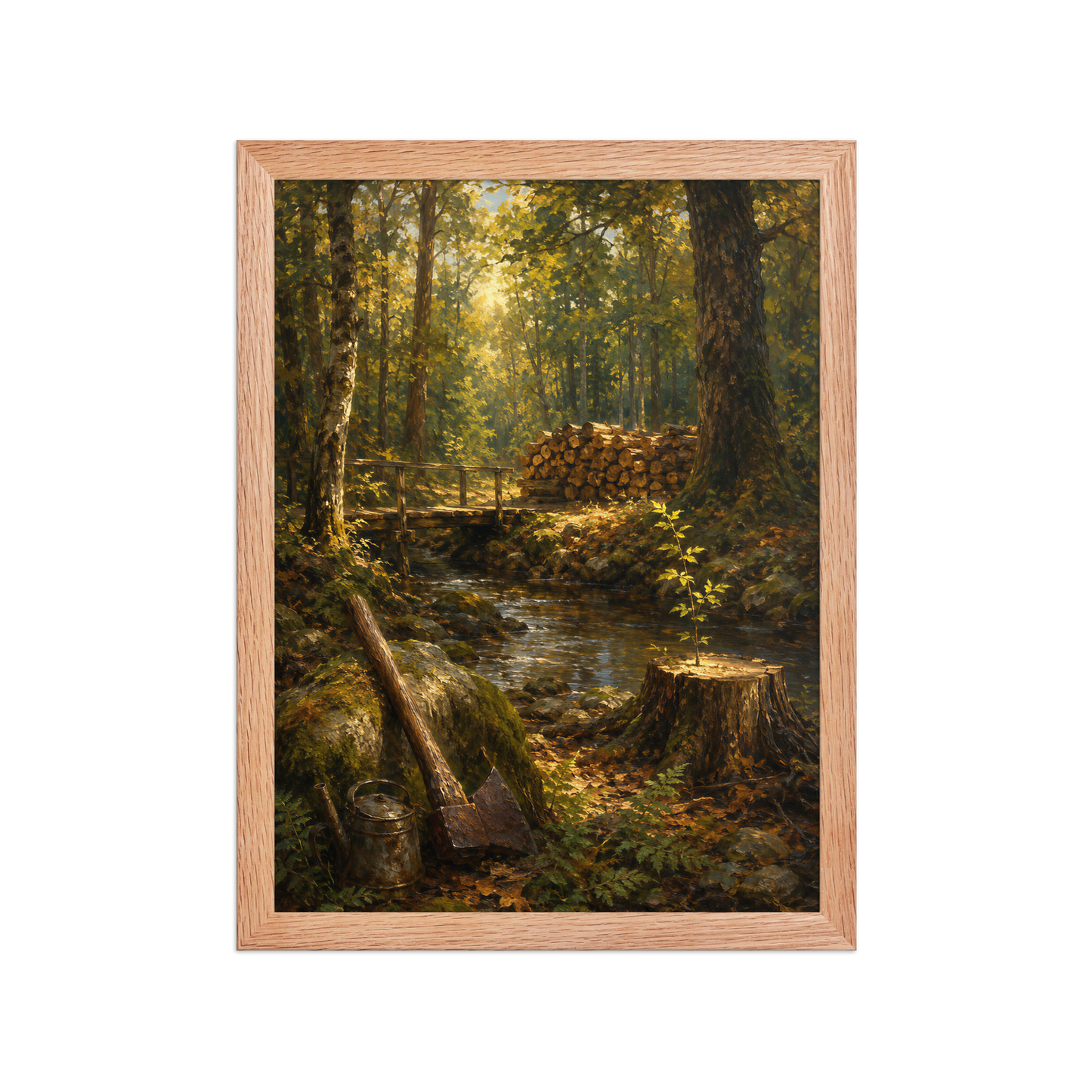 Framed Forest Clearing poster featuring a woodland stream, rustic bridge, axe, stacked firewood, and a young sapling growing from a tree stump, inspired by Follow the Yellow Brick Road, original Visual Poetry artwork.