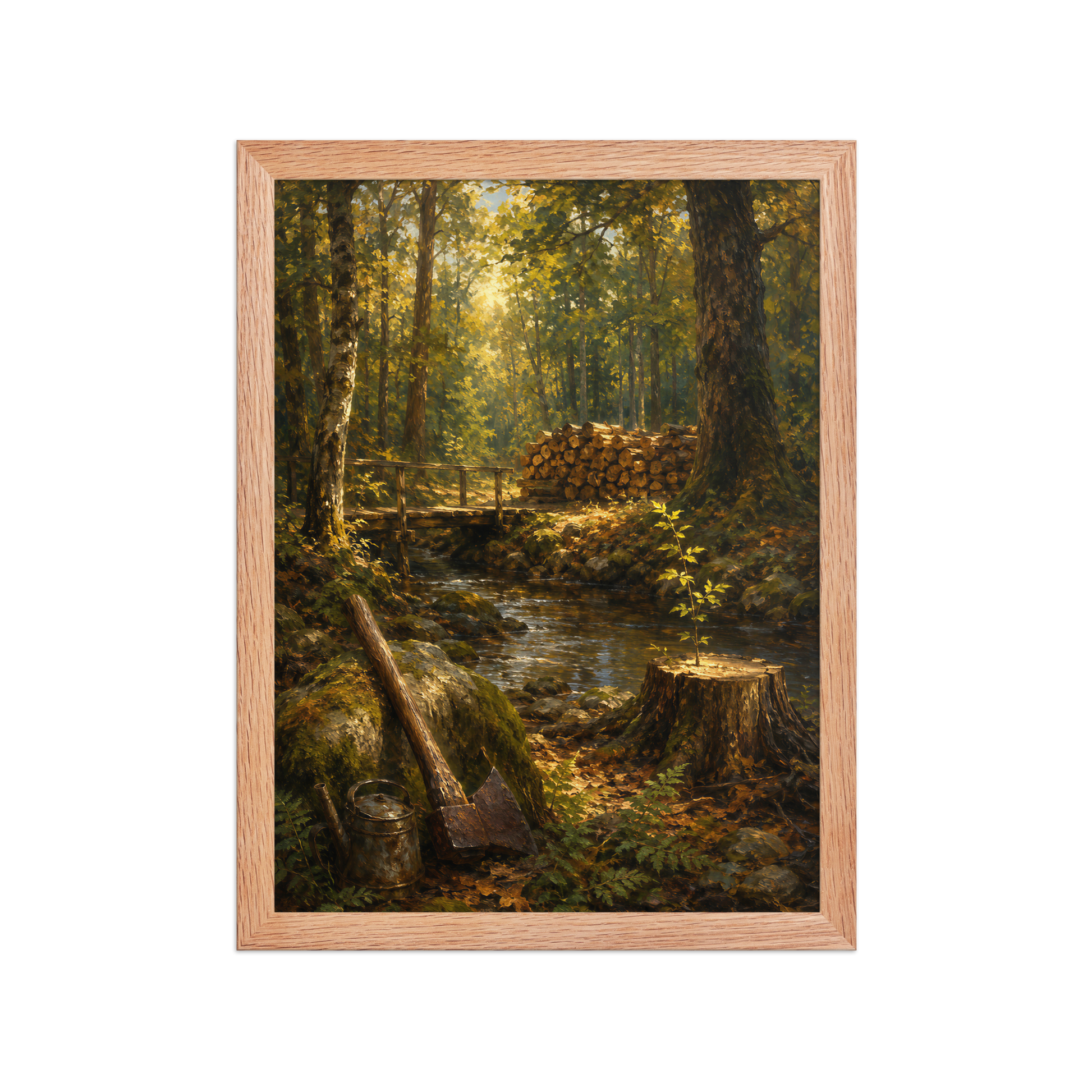 Framed Forest Clearing poster featuring a woodland stream, rustic bridge, axe, stacked firewood, and a young sapling growing from a tree stump, inspired by Follow the Yellow Brick Road, original Visual Poetry artwork.