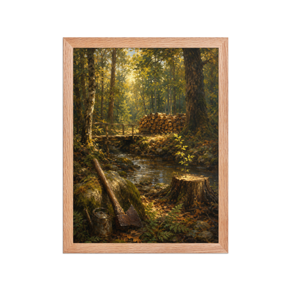 Framed Forest Clearing poster featuring a woodland stream, rustic bridge, axe, stacked firewood, and a young sapling growing from a tree stump, inspired by Follow the Yellow Brick Road, original Visual Poetry artwork.