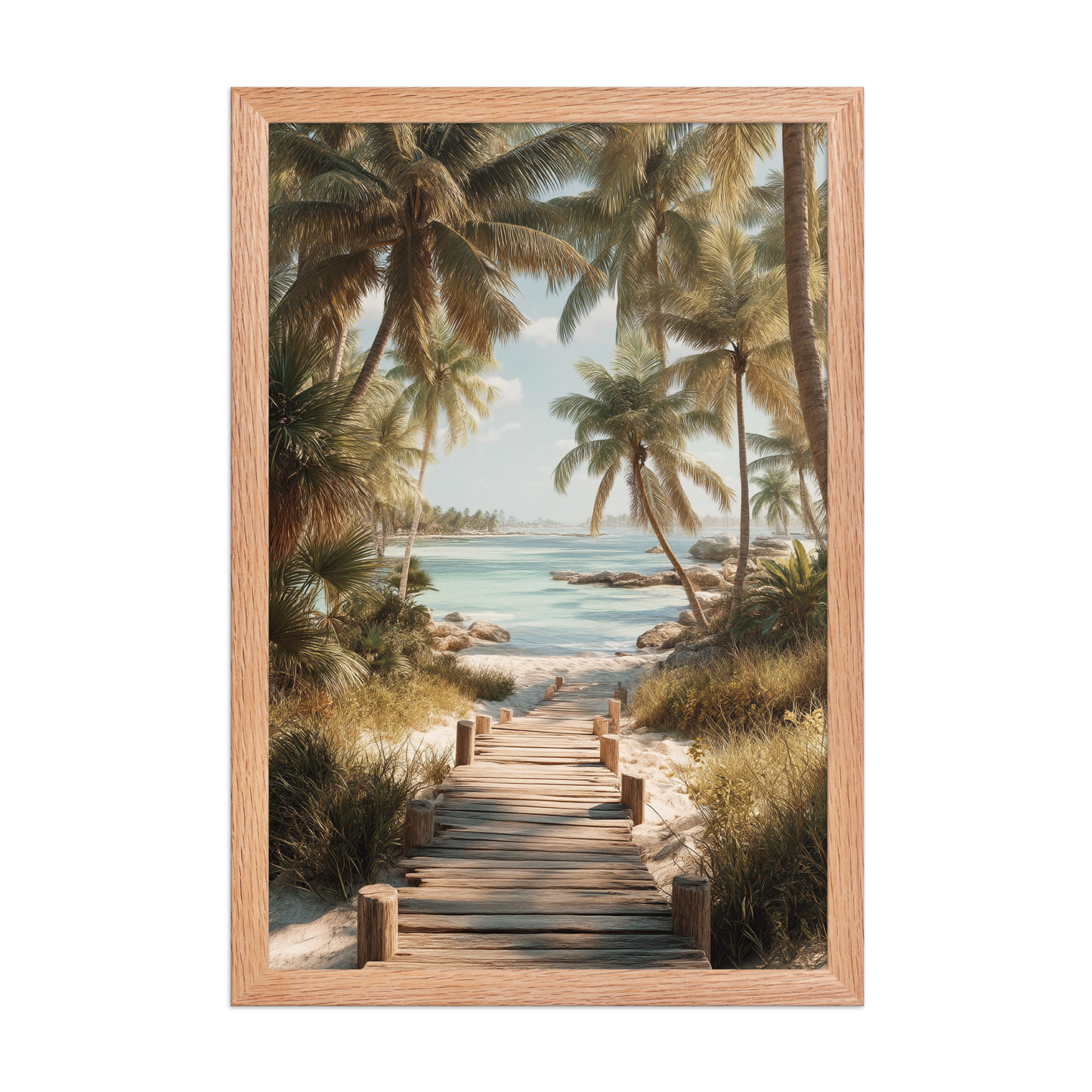 Wooden boardwalk path through tropical palm trees 
leading to calm turquoise beach, framed wall art print, 
black frame, JMTR Jeometry Store
