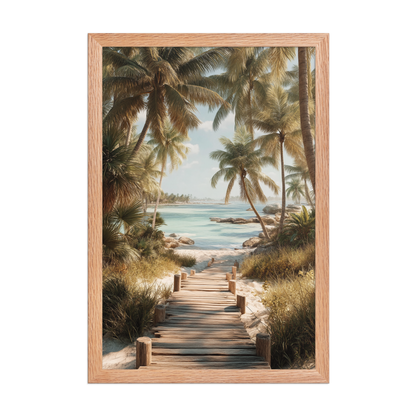 Wooden boardwalk path through tropical palm trees 
leading to calm turquoise beach, framed wall art print, 
black frame, JMTR Jeometry Store