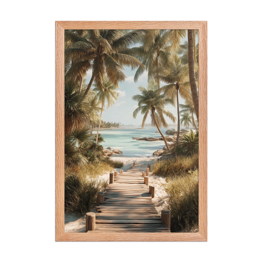 Wooden boardwalk path through tropical palm trees 
leading to calm turquoise beach, framed wall art print, 
black frame, JMTR Jeometry Store