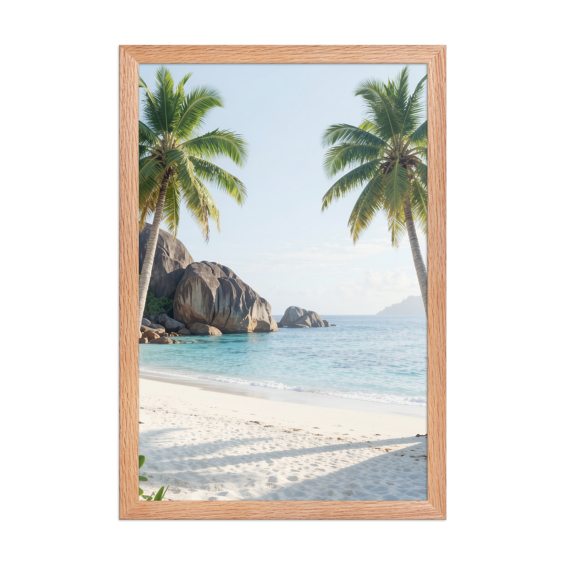 Framed tropical beach print with turquoise ocean, white sand and palm trees, ready to hang coastal wall art, JMTR Jeometry Store