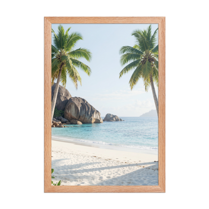 Framed tropical beach print with turquoise ocean, white sand and palm trees, ready to hang coastal wall art, JMTR Jeometry Store