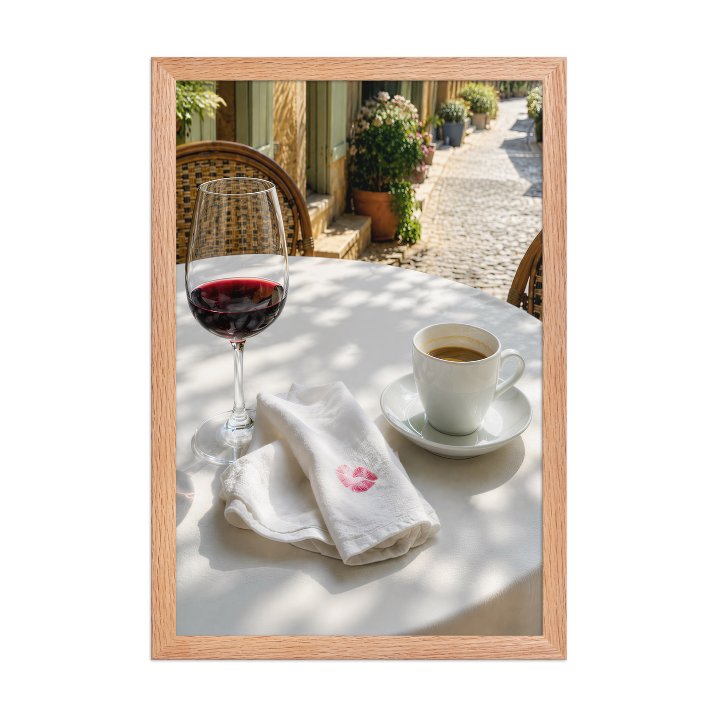 Framed sunlit café terrace print with red wine and espresso, ready to hang wall art, JMTR Jeometry Store