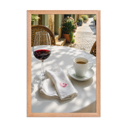 Framed sunlit café terrace print with red wine and espresso, ready to hang wall art, JMTR Jeometry Store