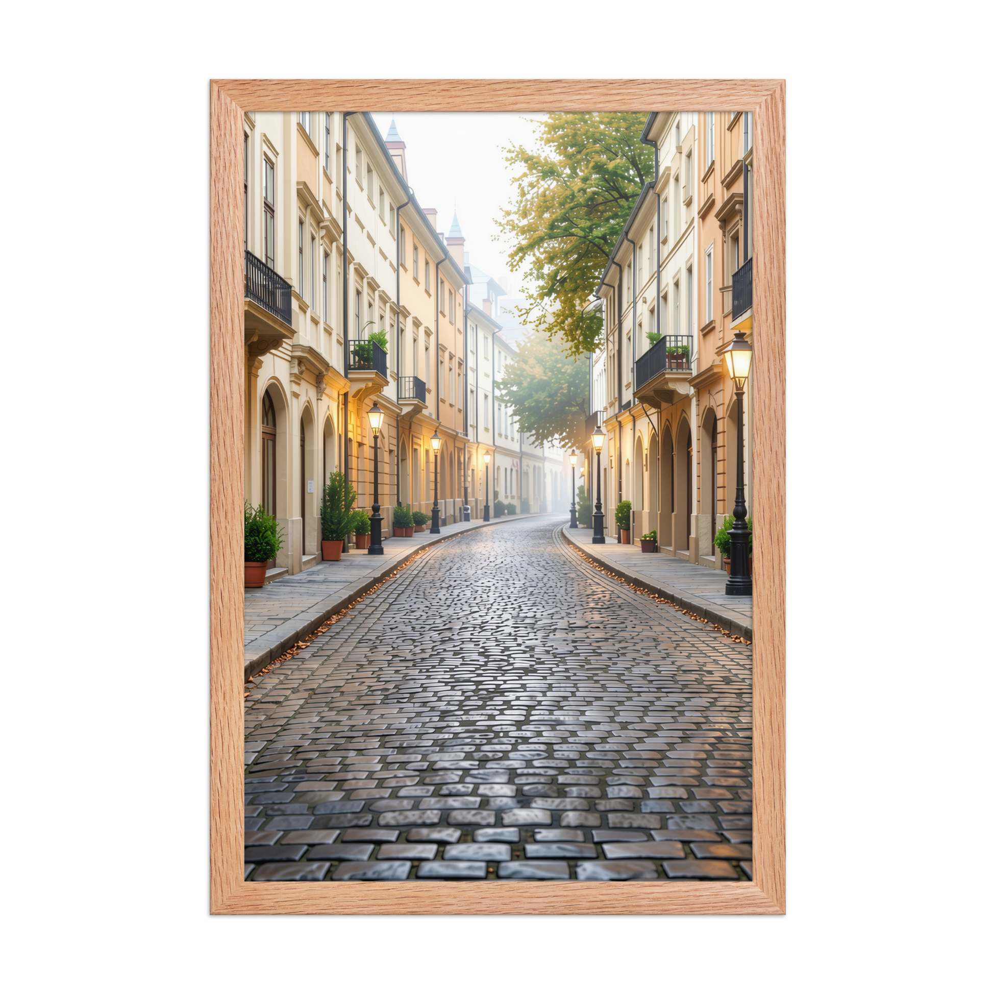 Framed European cobblestone street wall art, calm aesthetic old town morning fog poster, black frame, JMTR Jeometry Store