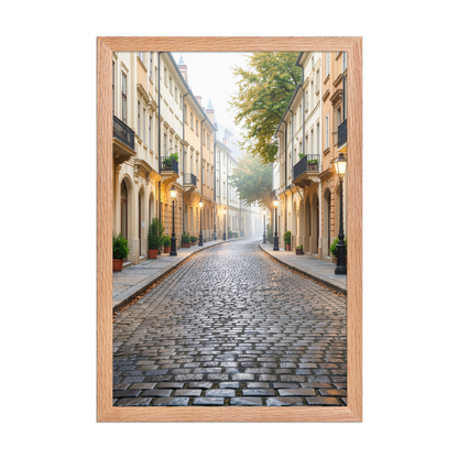 Framed European cobblestone street wall art, calm aesthetic old town morning fog poster, black frame, JMTR Jeometry Store