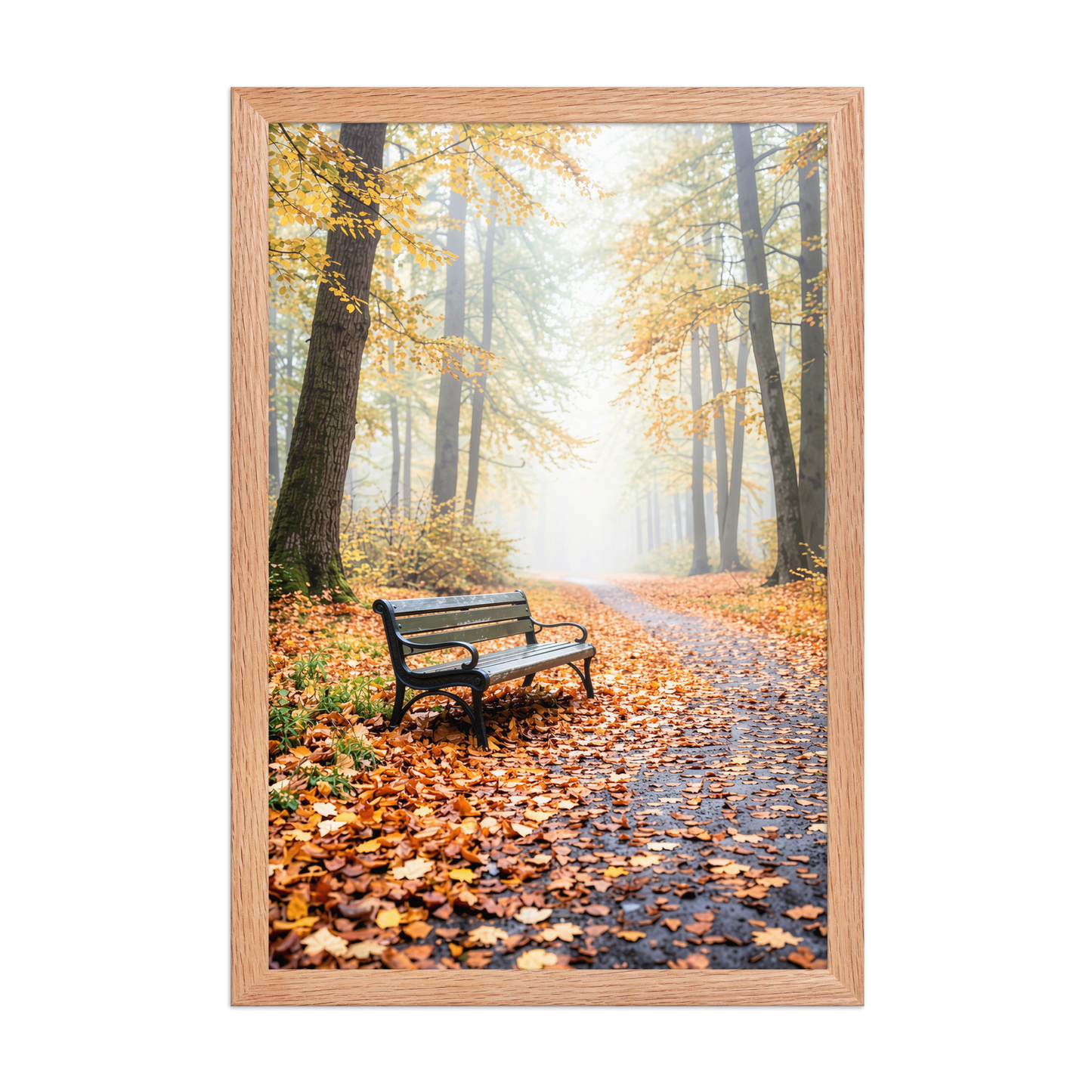 Framed autumn park bench wall art, foggy forest path fall leaves calm aesthetic poster, black frame, JMTR Jeometry Store
