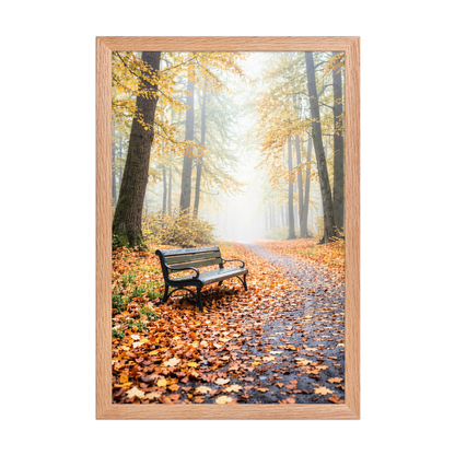 Framed autumn park bench wall art, foggy forest path fall leaves calm aesthetic poster, black frame, JMTR Jeometry Store
