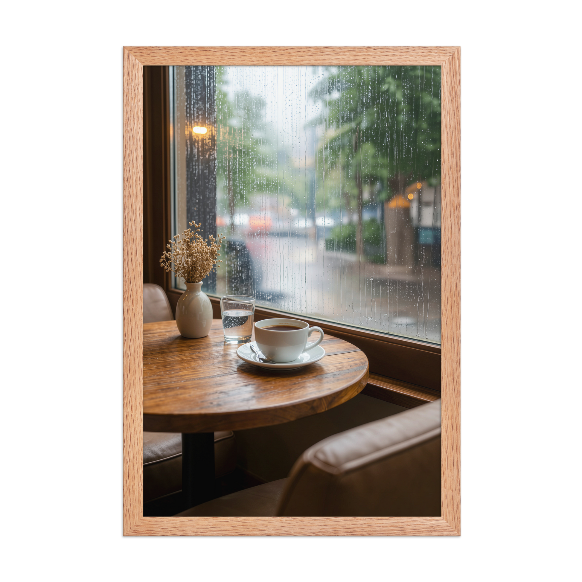 Framed rainy day cafe wall art, coffee cup by rain window calm aesthetic poster, black frame, JMTR Jeometry Store