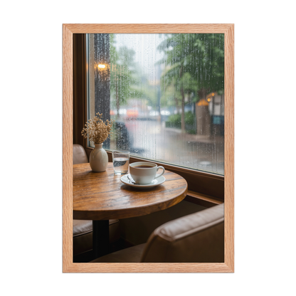 Framed rainy day cafe wall art, coffee cup by rain window calm aesthetic poster, black frame, JMTR Jeometry Store