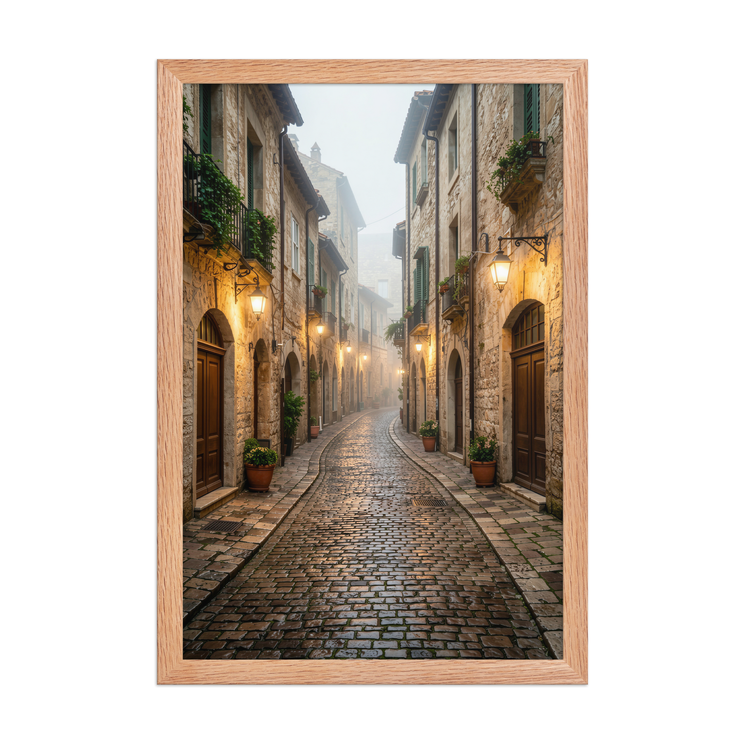 Framed Italian village cobblestone street wall art, warm lanterns foggy alley calm aesthetic poster, black frame, JMTR Jeometry Store