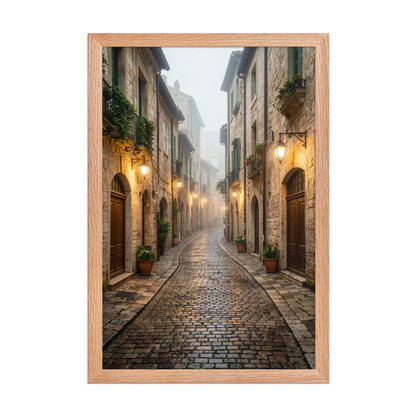 Framed Italian village cobblestone street wall art, warm lanterns foggy alley calm aesthetic poster, black frame, JMTR Jeometry Store