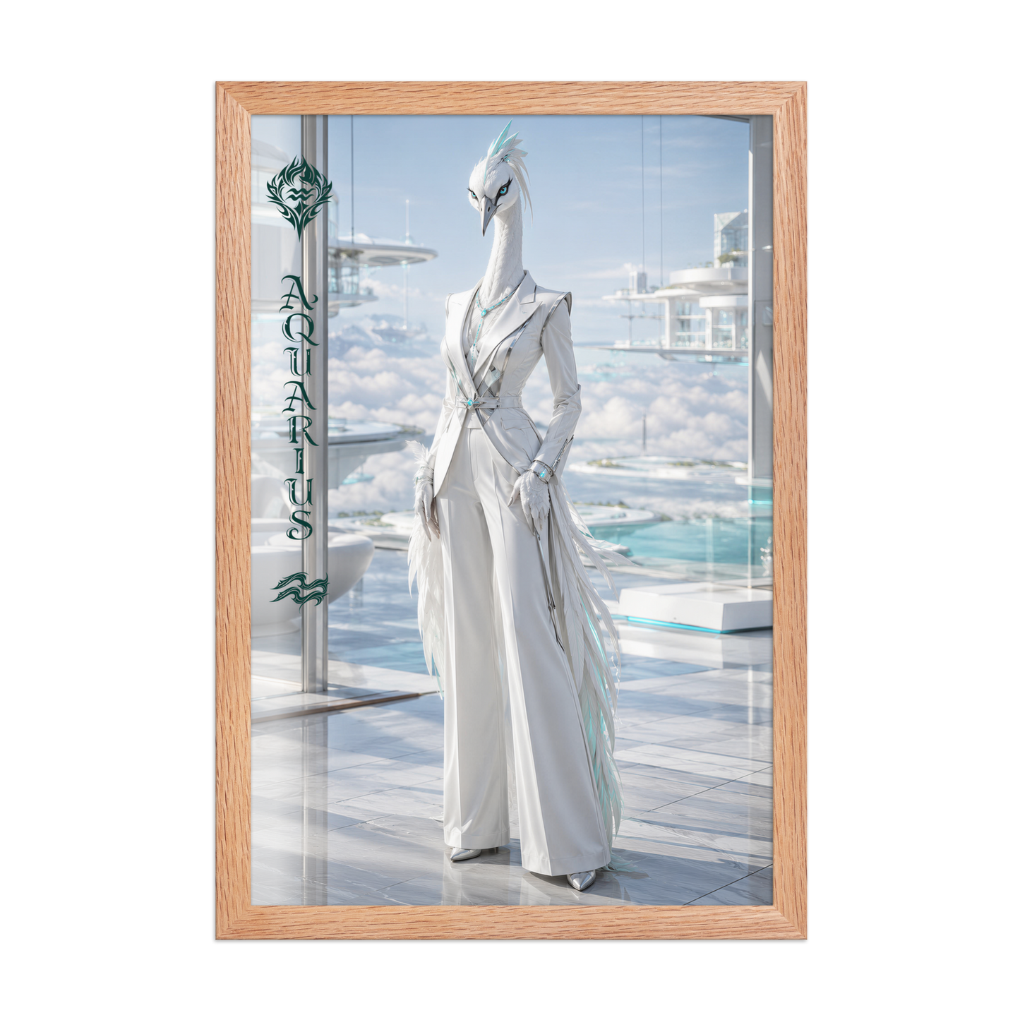 Framed Aquarius woman zodiac poster featuring a white crane standing above the clouds in a futuristic celestial city