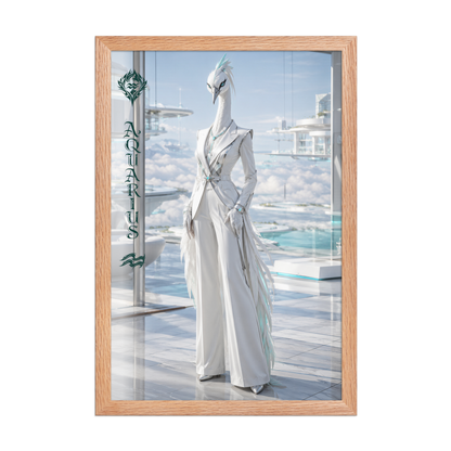 Framed Aquarius woman zodiac poster featuring a white crane standing above the clouds in a futuristic celestial city
