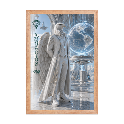 Framed Aquarius man zodiac poster featuring a white eagle standing before a glowing world in a futuristic celestial city