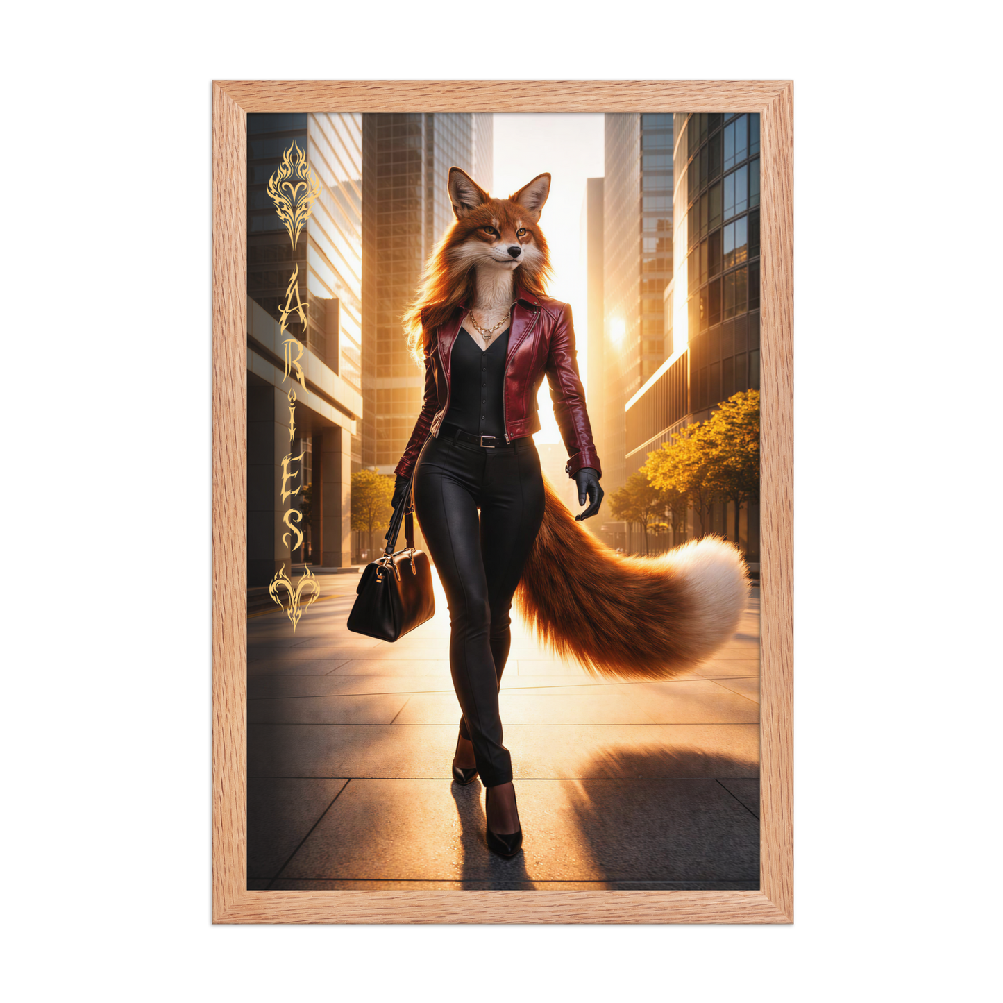 Framed Aries fox woman zodiac poster walking through a modern city at sunset