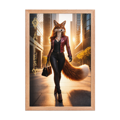 Framed Aries fox woman zodiac poster walking through a modern city at sunset