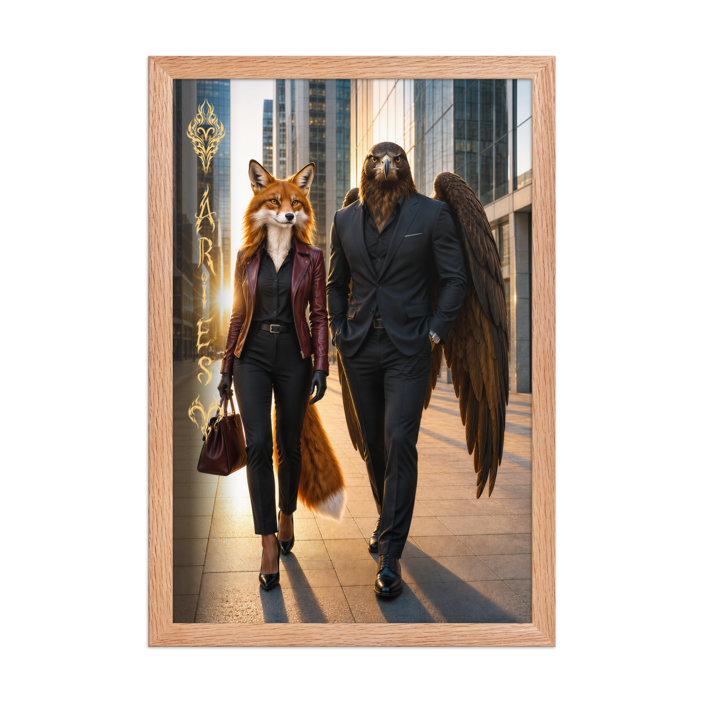 Framed Aries power couple poster featuring eagle and fox archetypes walking through a modern city, symbolizing strength, ambition, and partnership.