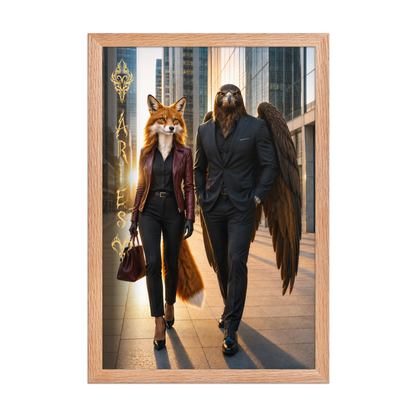 Framed Aries power couple poster featuring eagle and fox archetypes walking through a modern city, symbolizing strength, ambition, and partnership.