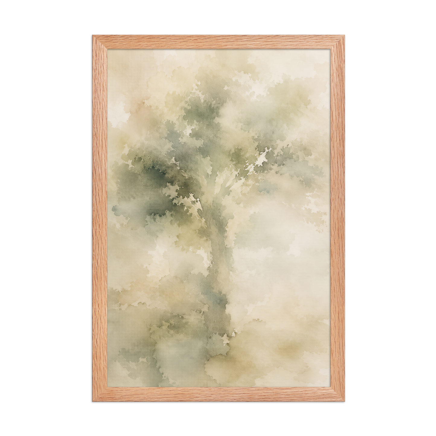 Framed minimalist nature poster featuring a softly emerging tree form in muted green and warm neutral tones.