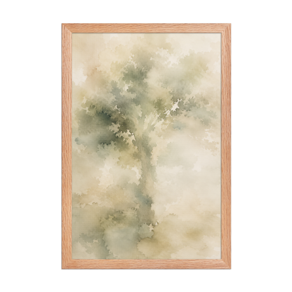 Framed minimalist nature poster featuring a softly emerging tree form in muted green and warm neutral tones.