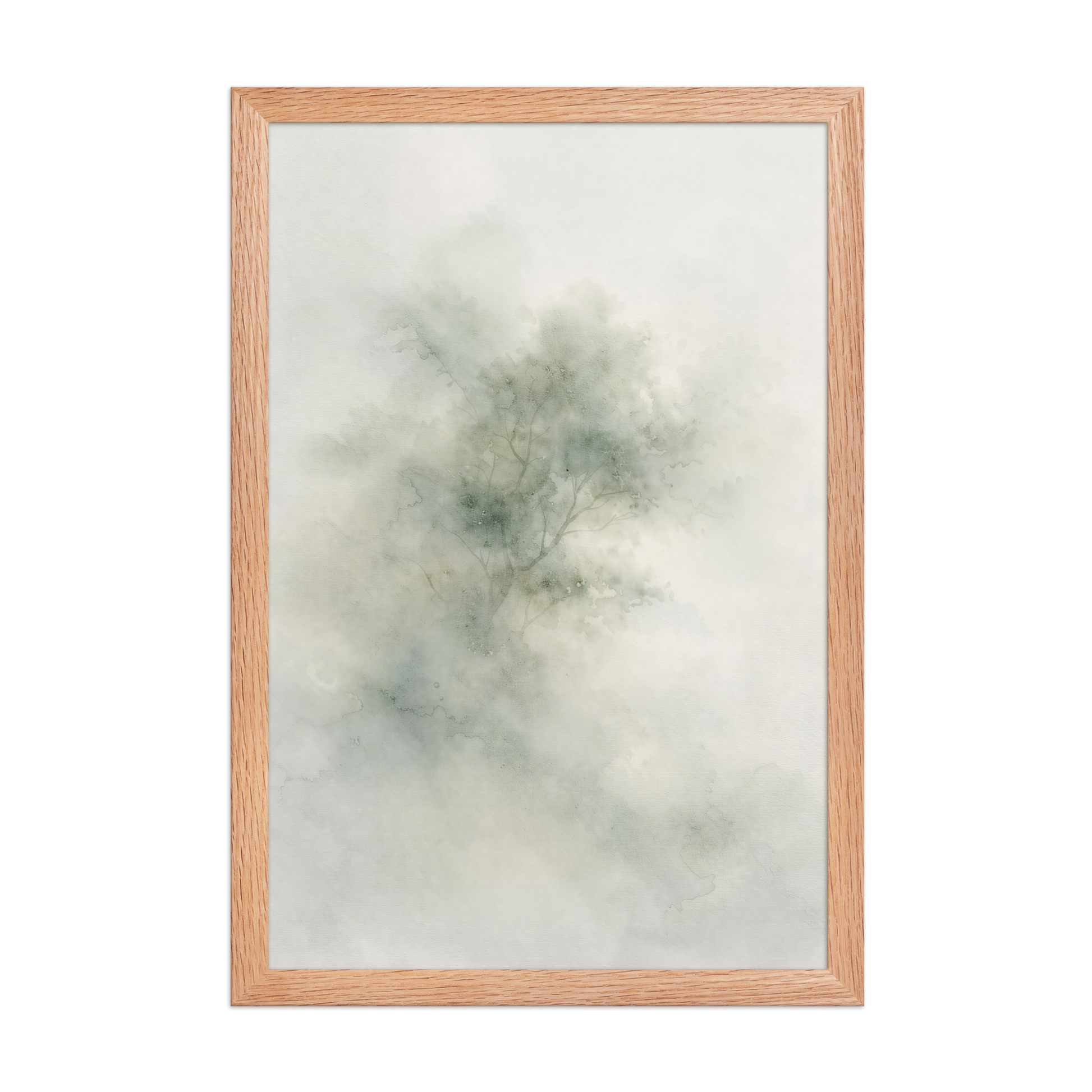 Framed minimalist watercolor-inspired artwork with a softly emerging tree form and subtle neutral tones.