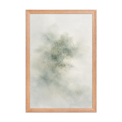 Framed minimalist watercolor-inspired artwork with a softly emerging tree form and subtle neutral tones.