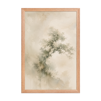 Framed minimalist nature-inspired poster featuring an emerging tree form in soft earthy neutral tones.