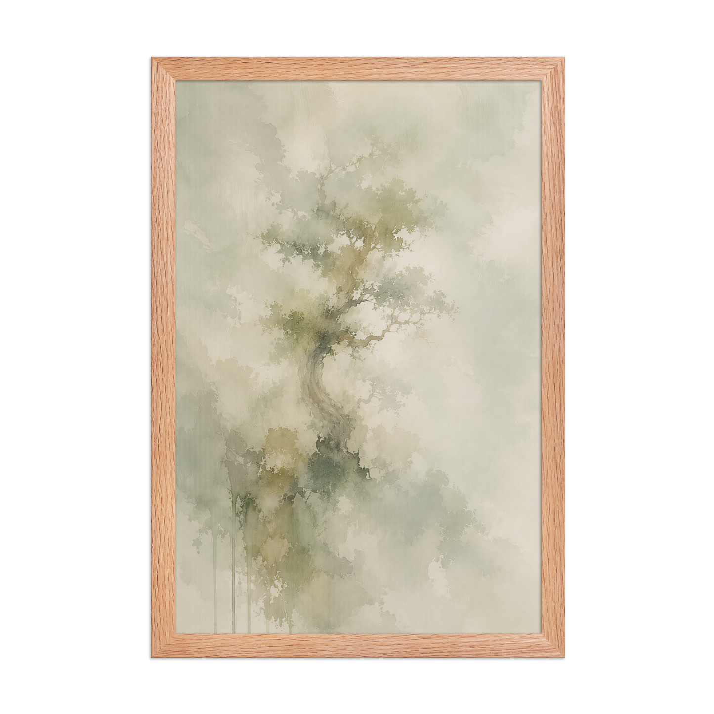 Framed minimalist nature-inspired poster featuring a softly emerging tree form in muted neutral tones and organic watercolor textures.