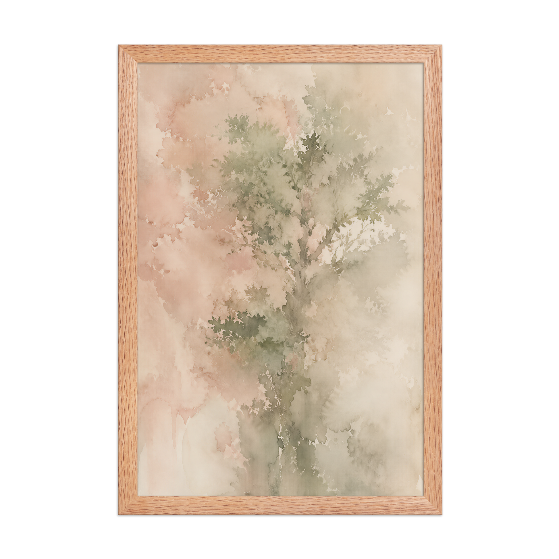 Framed minimalist nature-inspired poster featuring a softly emerging tree form in blush, sage, and warm neutral tones.