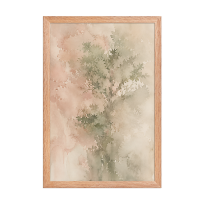 Framed minimalist nature-inspired poster featuring a softly emerging tree form in blush, sage, and warm neutral tones.