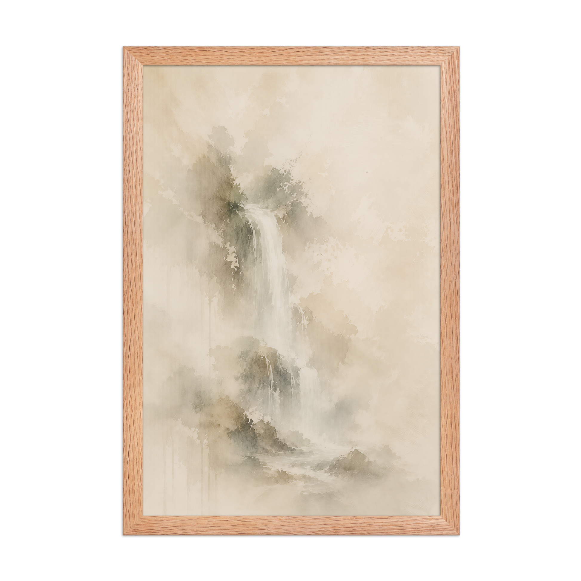 Framed waterfall-inspired poster featuring soft flowing forms in warm neutral and muted earth tones.